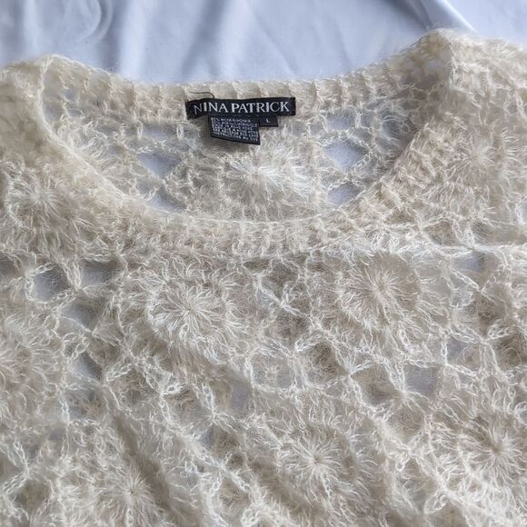 Cream Dainty Mandala Knit Mohair Textured Scoopneck Sweater L - Picture 9 of 13